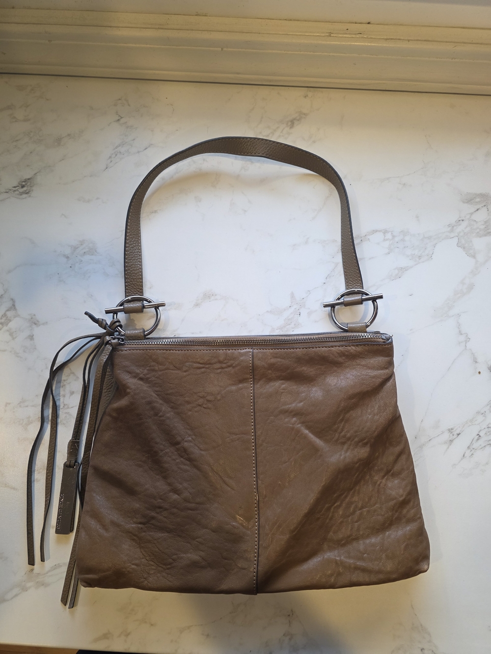 Vince Camuto Leather Shoulder Bag Taupe Brown Slouchy Hobo Purse